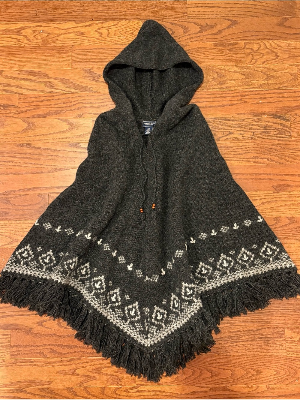 American Eagle Outfitters Dark Charcoal Hooded Poncho with White Pattern